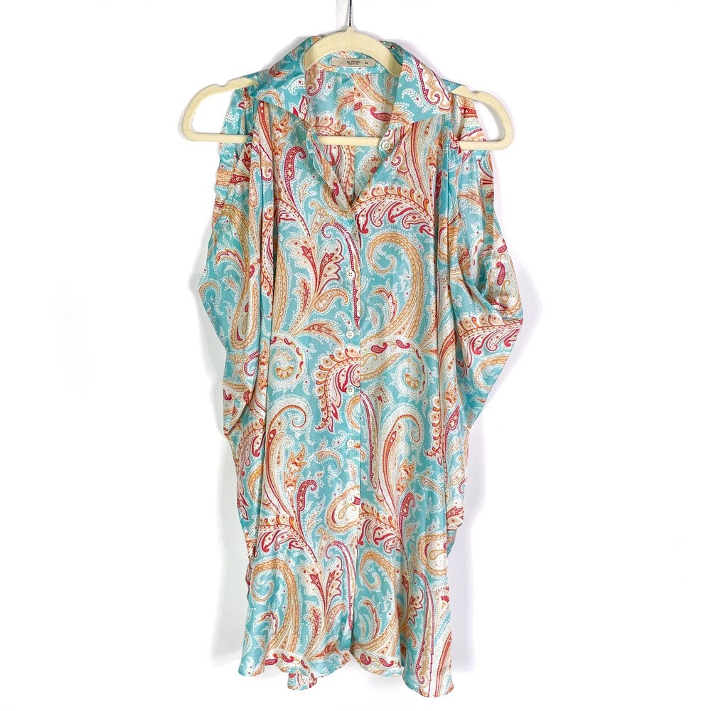 ETRO Blue Paisley Shirt Collared Sleeveless Silk Top Blouse Italy Sz 42 / 6 US